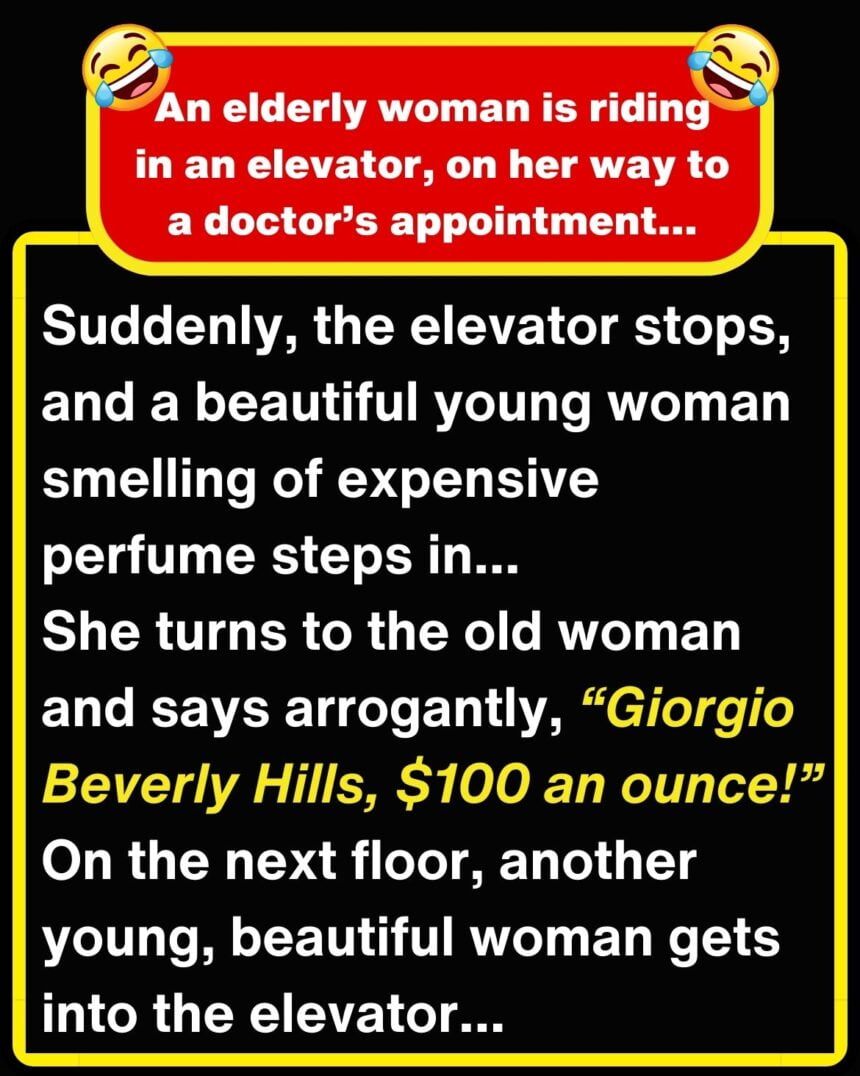 An elderly woman is riding in an elevator, on her...