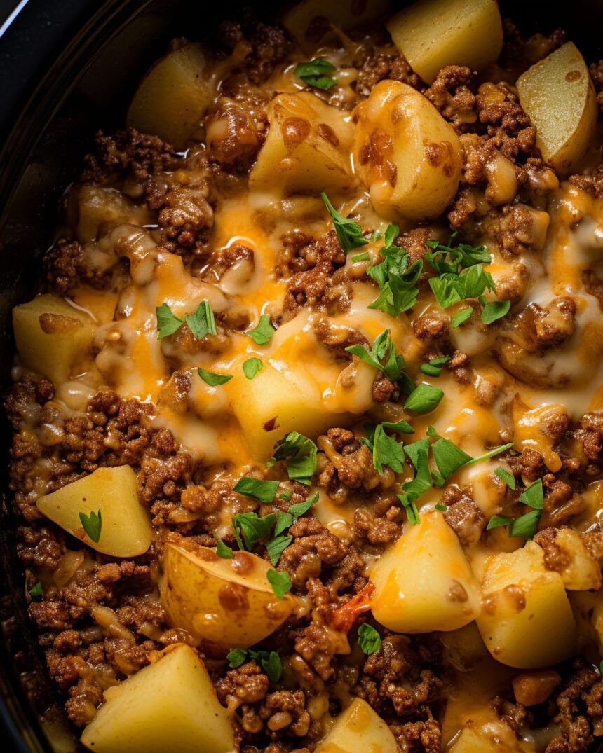 This slow cooker hamburger potato casserole is the perfect comfort meal