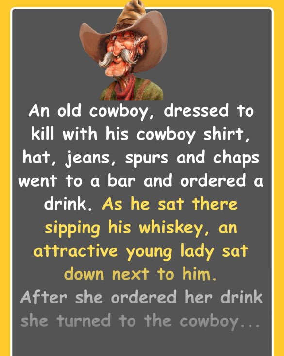 An attractive young lady talks to the old cowboy at the bar