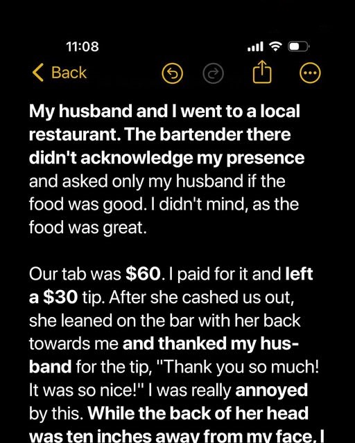 I Left the Bartender a 50% Tip but She Thanked Only My Husband