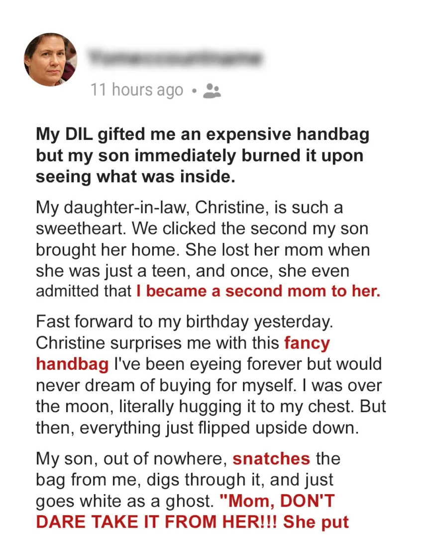 My Son Set Fire to the Expensive Handbag My Daughter-in-Law Gave Me for My Birthday after Seeing What Was Inside