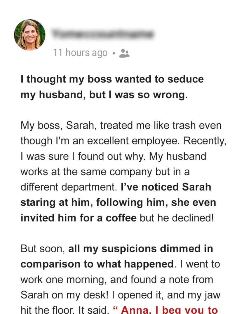 I Thought My Boss Wanted to Seduce My Husband, but My Suspicions Dimmed in Light of What She Really Desired