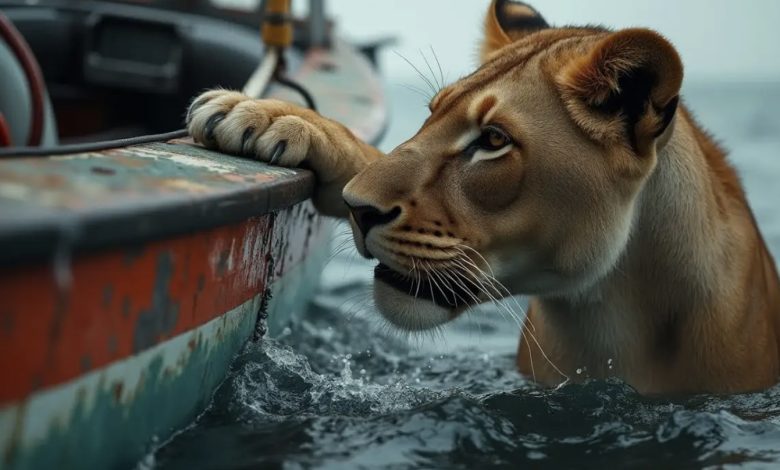 A lioness cast adrift in the sea! The one she chose to swim to will always remember that moment… 1 Usa People A lioness cast adrift in the sea! The one she chose to swim to will always remember that moment…