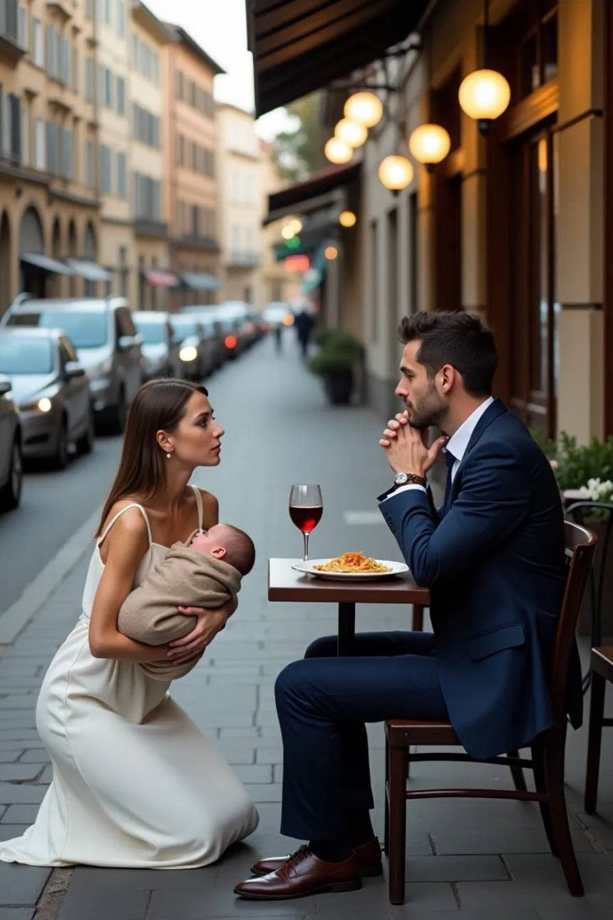She knelt next to his table on the sidewalk, cradling her baby. “Please, I don’t want your money—just a moment of your time.” The man was unaware her words would shatter everything he thought he knew.