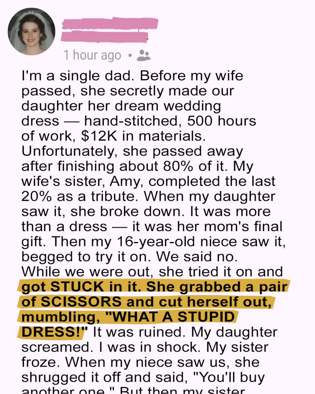 My Niece Destroyed the Wedding Dress My Late Wife Made for Our Daughter – She Was Quickly Brought Back Down to Earth