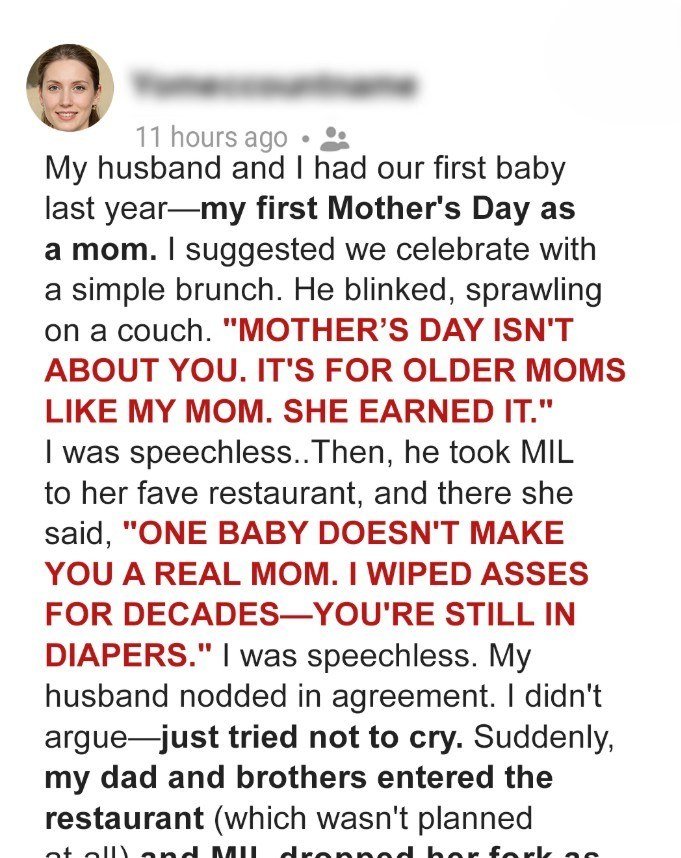 “My mother-in-law and husband claimed Mother’s Day was only for ‘older’ moms—but my family proved them wrong.”