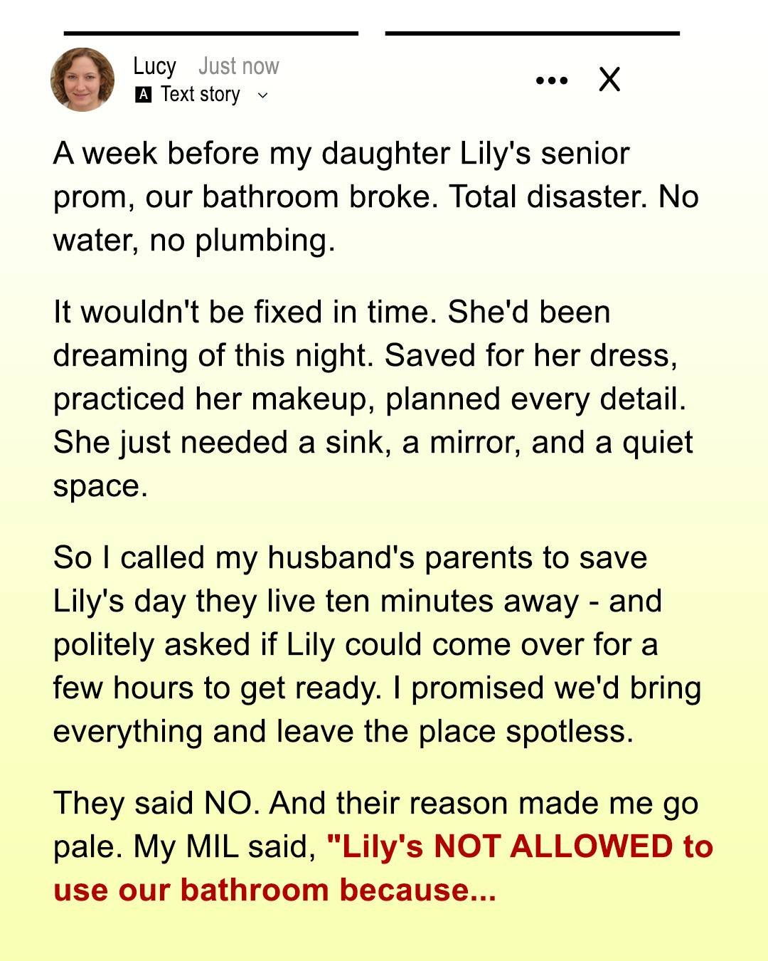 My In-Laws Forbade My Daughter to Use Their Shower before Her Prom — Their Reason Made Me Furious