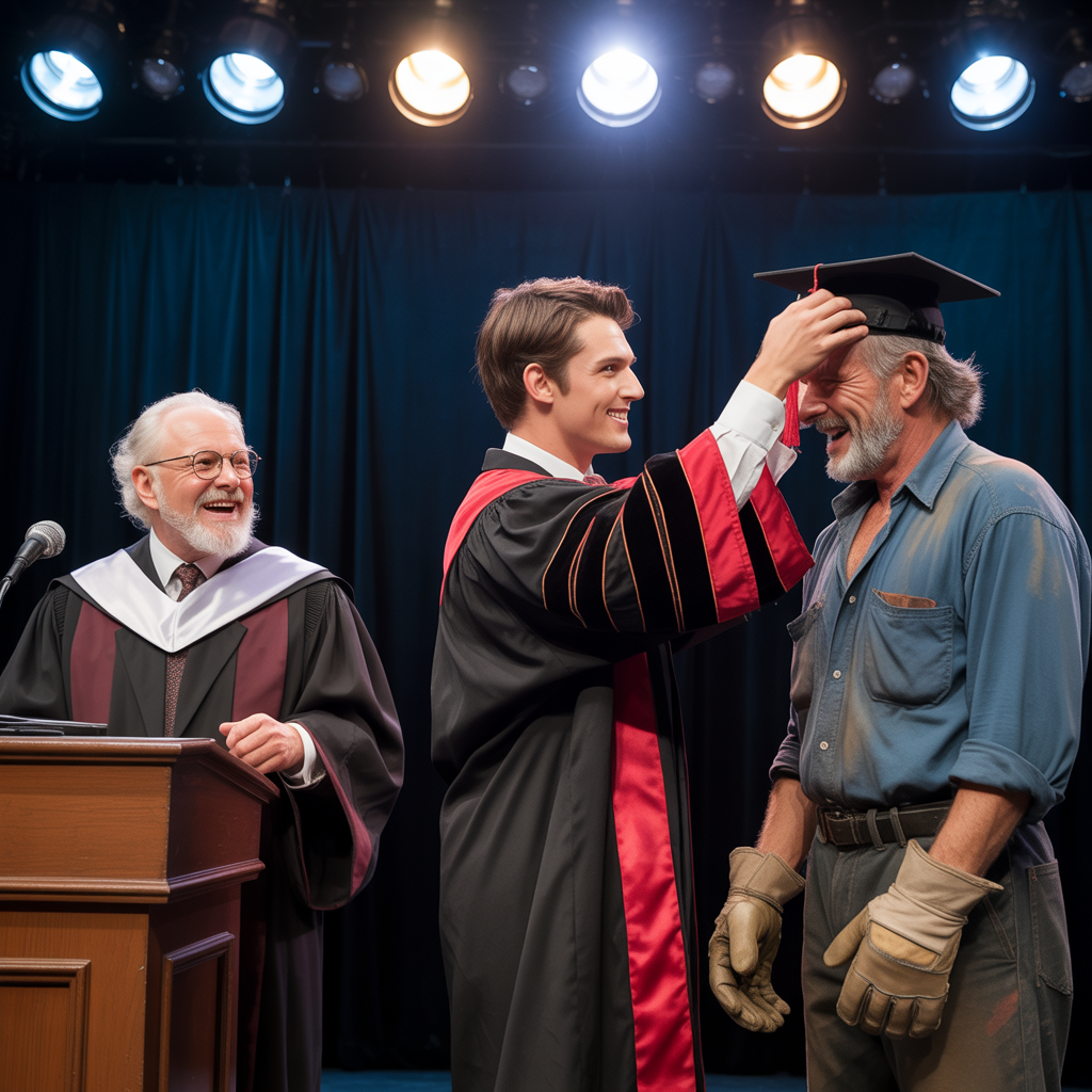 My stepfather was a construction worker for 25 years and raised me to get my PhD. Then the teacher was stunned to see him at the graduation ceremony…