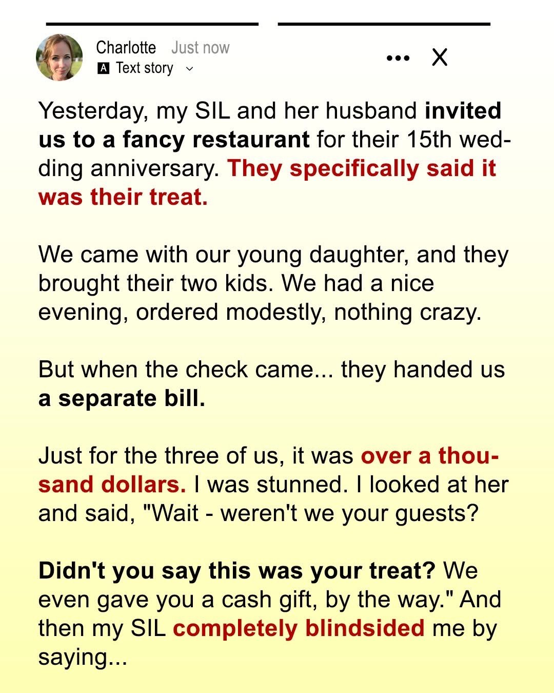 My SIL Invited Us to a Fancy Anniversary Dinner and Then Stuck Us with a $1,122 Bill – I Made Sure She’ll Never Do It Again