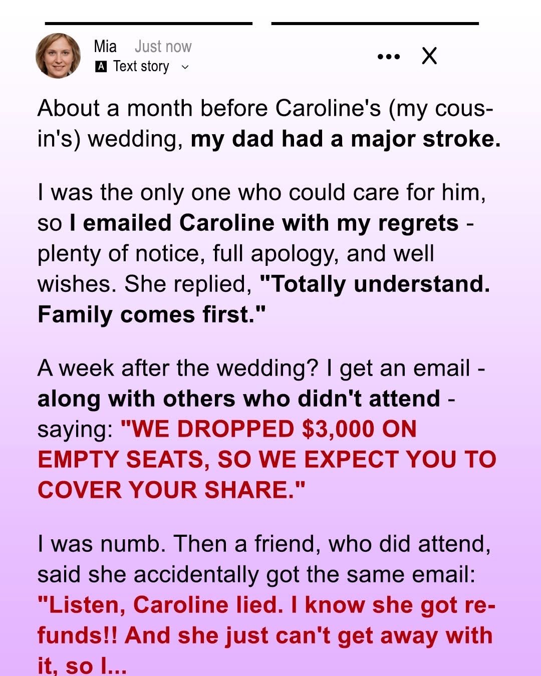 My Cousin Demanded I Pay Her for Missing Her Wedding Due to My Dad’s Stroke — Another Guest Gave Her a Reality Check