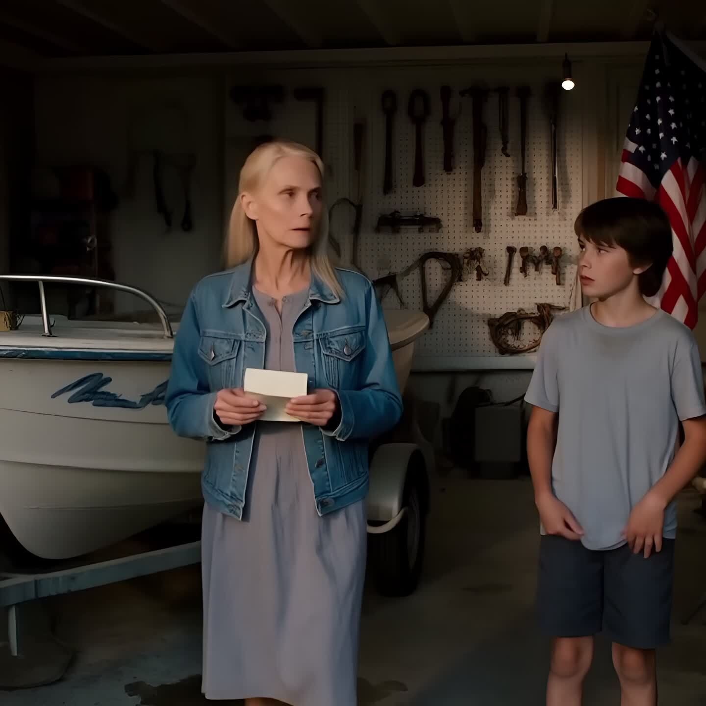 My grandson is scared of his new stepmother, but he won’t tell me why. Last night, he slipped me a note: “Grandma, look under the boat in the garage. Then you’ll understand.” So I went to check—and I froze.